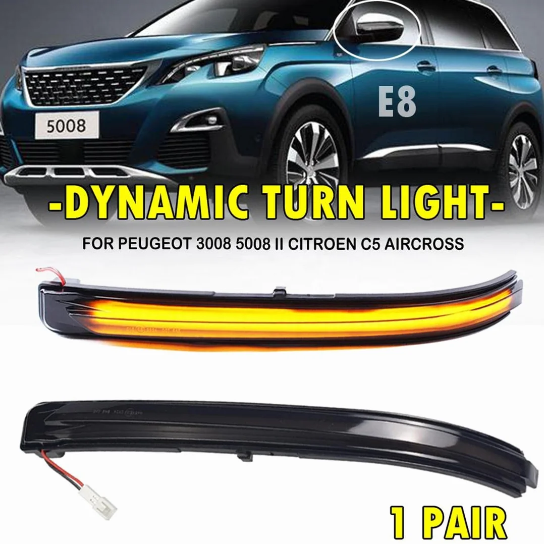 Compatible for Peugeot 3008 5008 Dynamic LED Flashing Side Rearview Mirror Indicator Lights