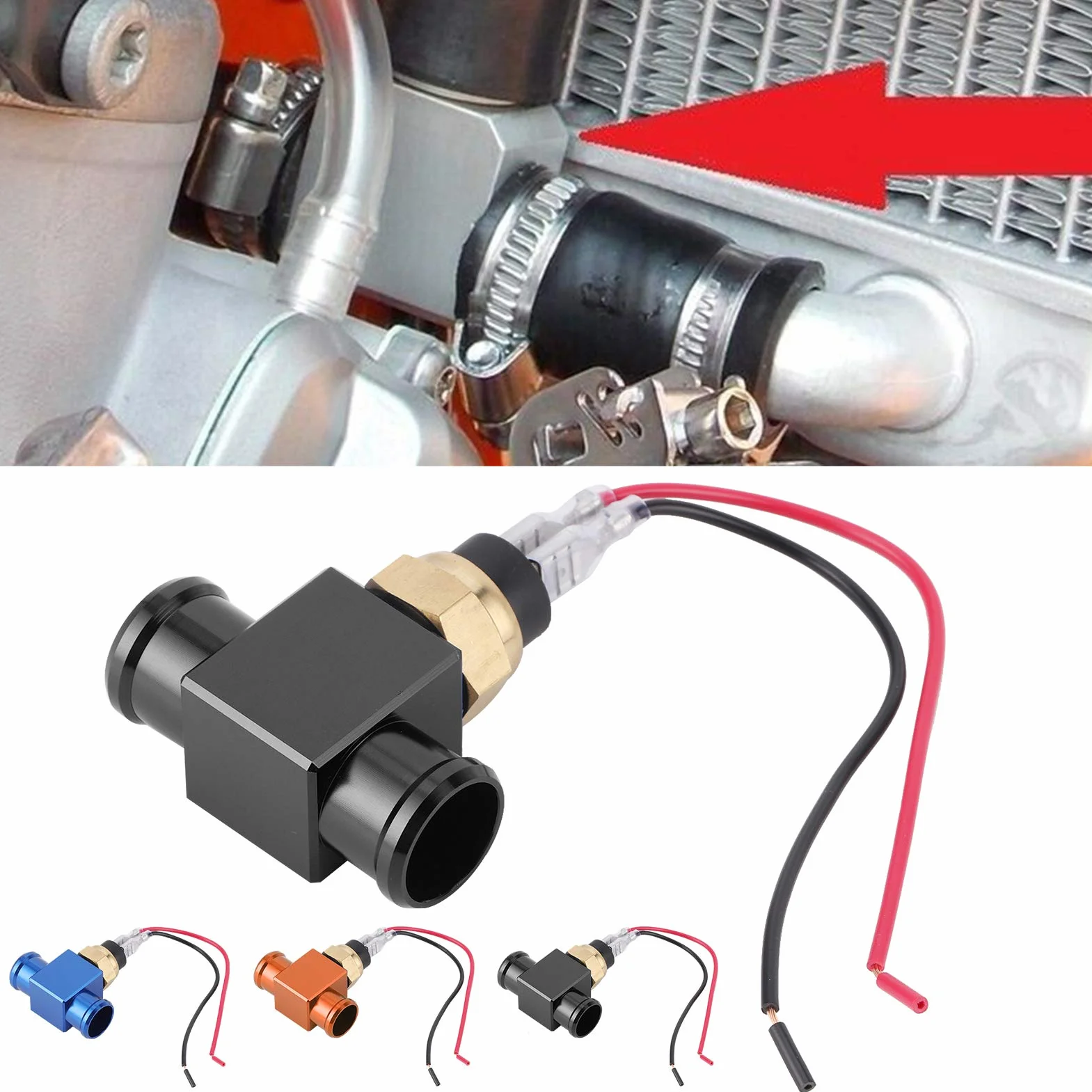 Przełącznik temperatury, termostat ze stopu aluminium przełącznik temperatury wody chłodnica wentylator płynu chłodzącego czujnik temperatury samochodowe czujniki płynu chłodzącego (czarny)