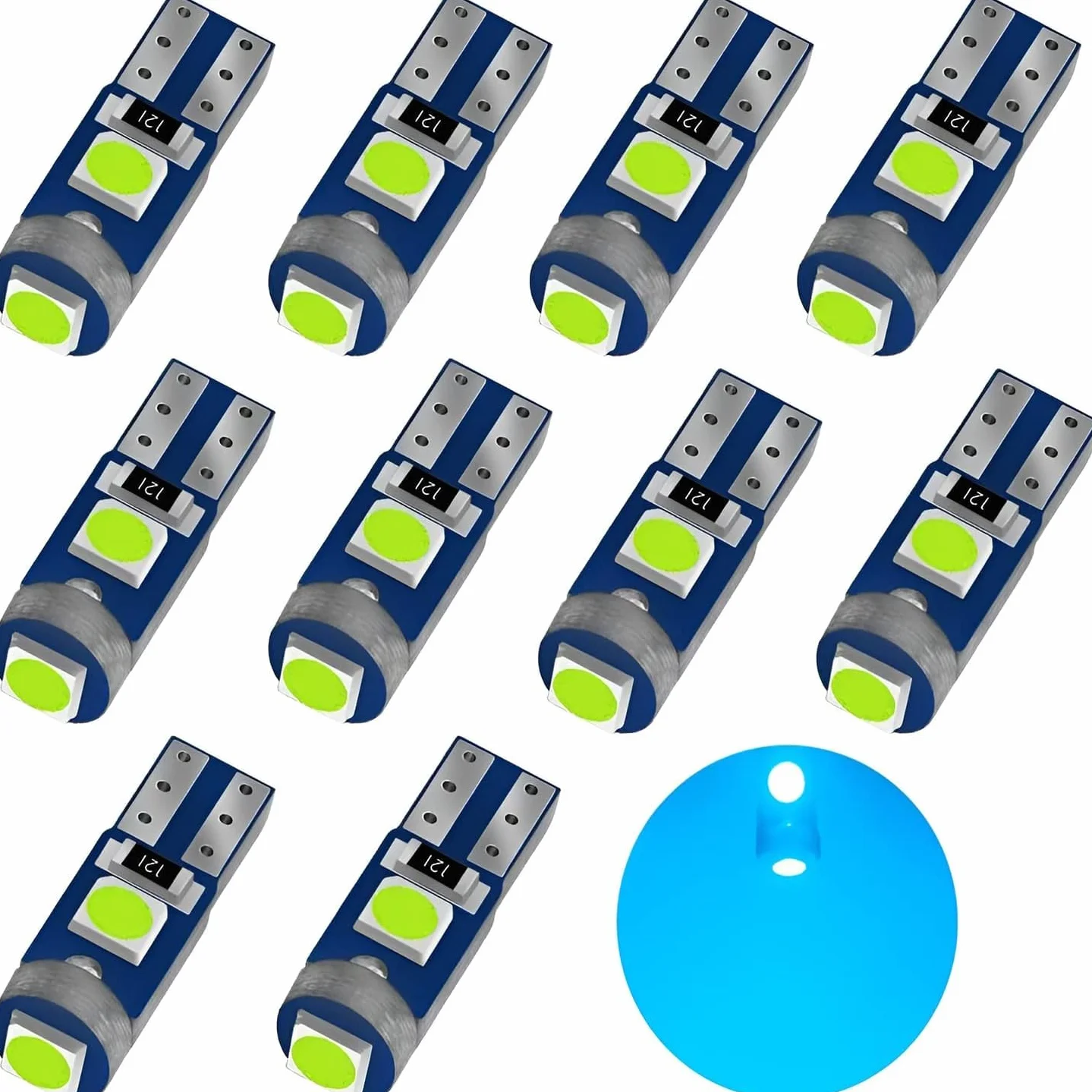 10 szt. T5 W3W 2721 27 37 286 PC74 żarówka LED 12 V 20 lm 0,5 W 3SMD 3030 chipy oświetlenie wnętrza samochodu, deska rozdzielcza, zamiennik lampy instrumentu samochodu, błękitna