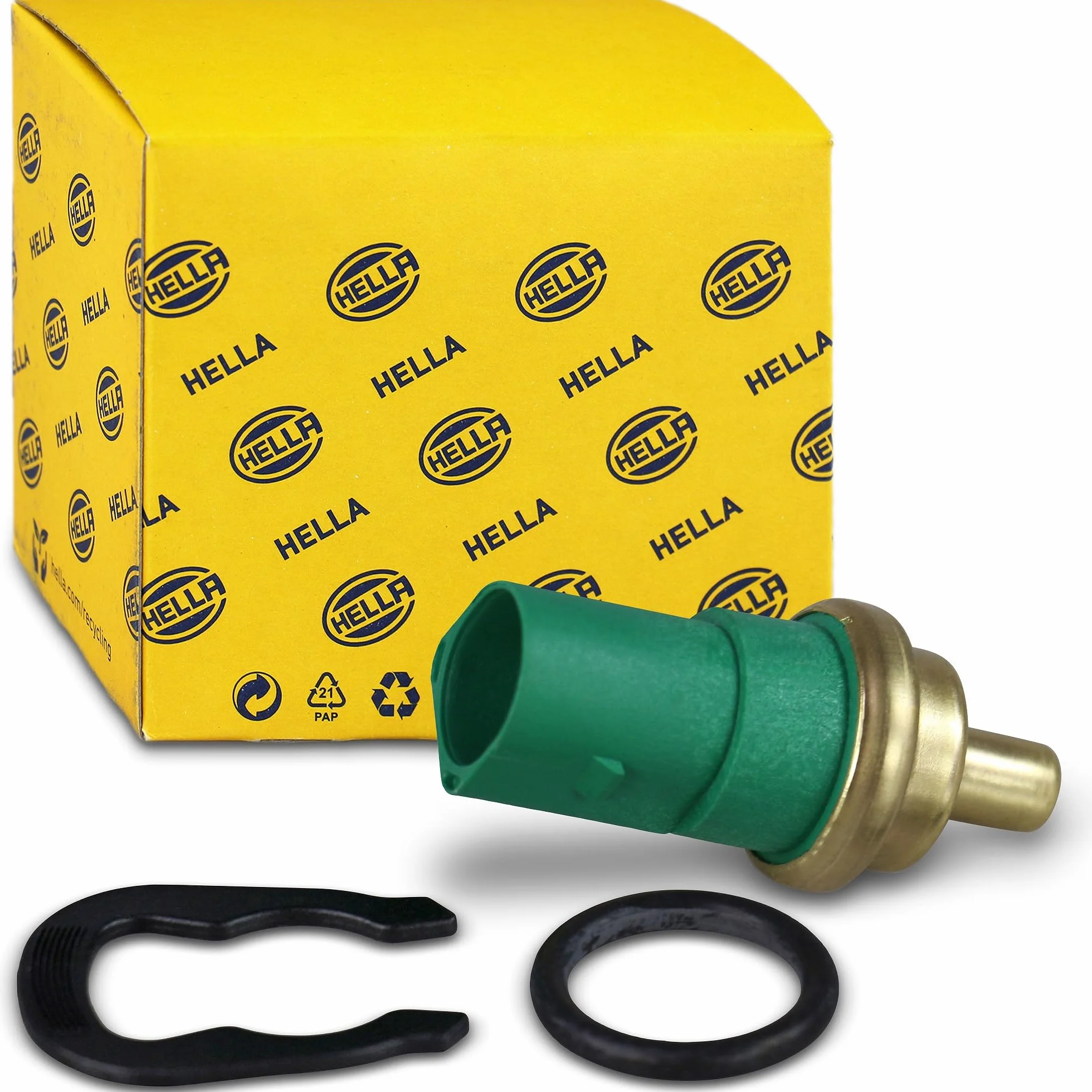 HELLA 6PT 009 107-141 Czujnik, temperatura płynu chłodzącego - 12V - 4-biegunowy - wciśnięty - z uszczelnieniem - z pierścieniem osadczym sprężynującym