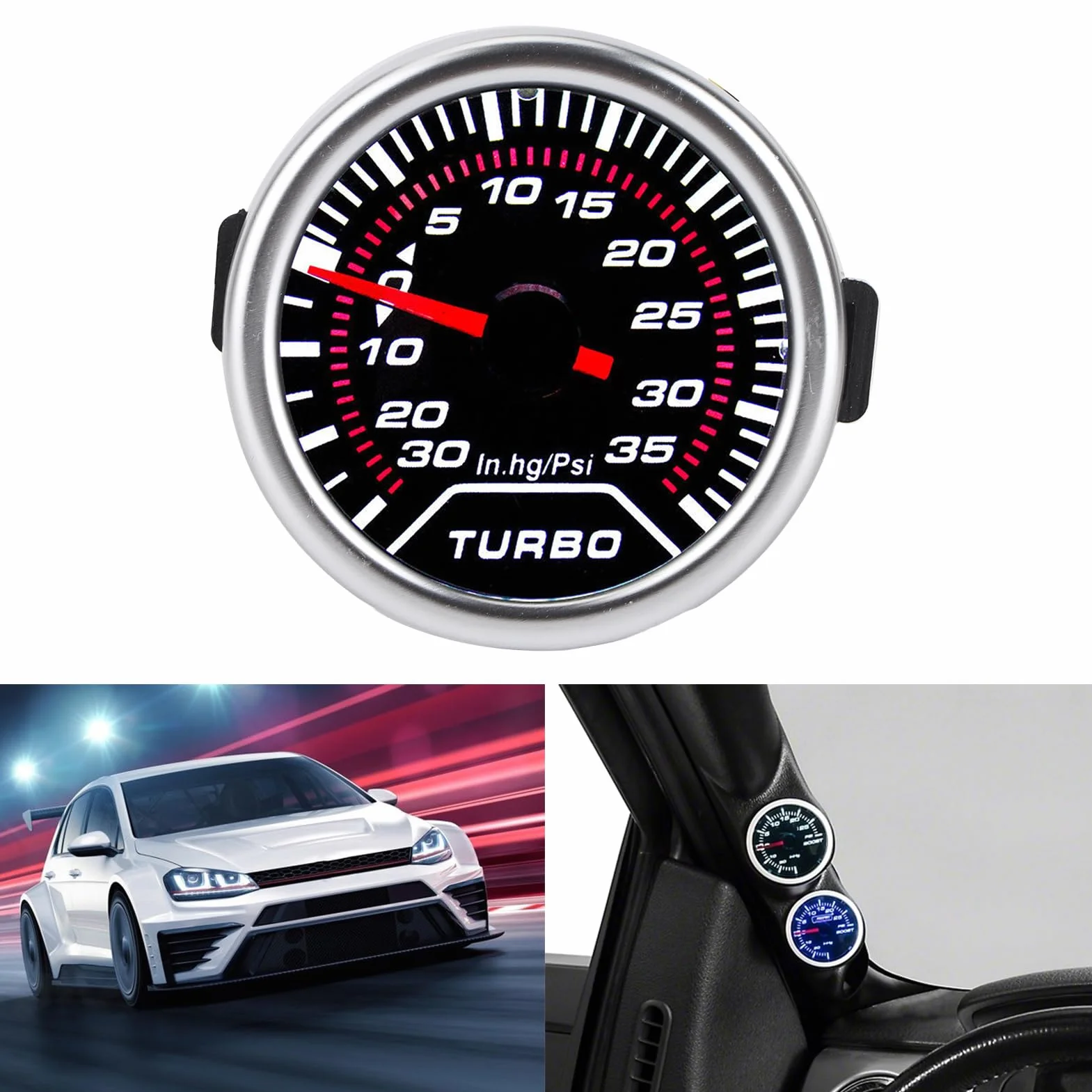 Bediffer Profesjonalny Manometr Turbo Boost 35PSI z przydymioną soczewką, Wskaźnik Turbo Boost 52 Mm do Tuningu Samochodów, Uniwersalny Miernik Ciśnienia do Pojazdów Wyczynowych