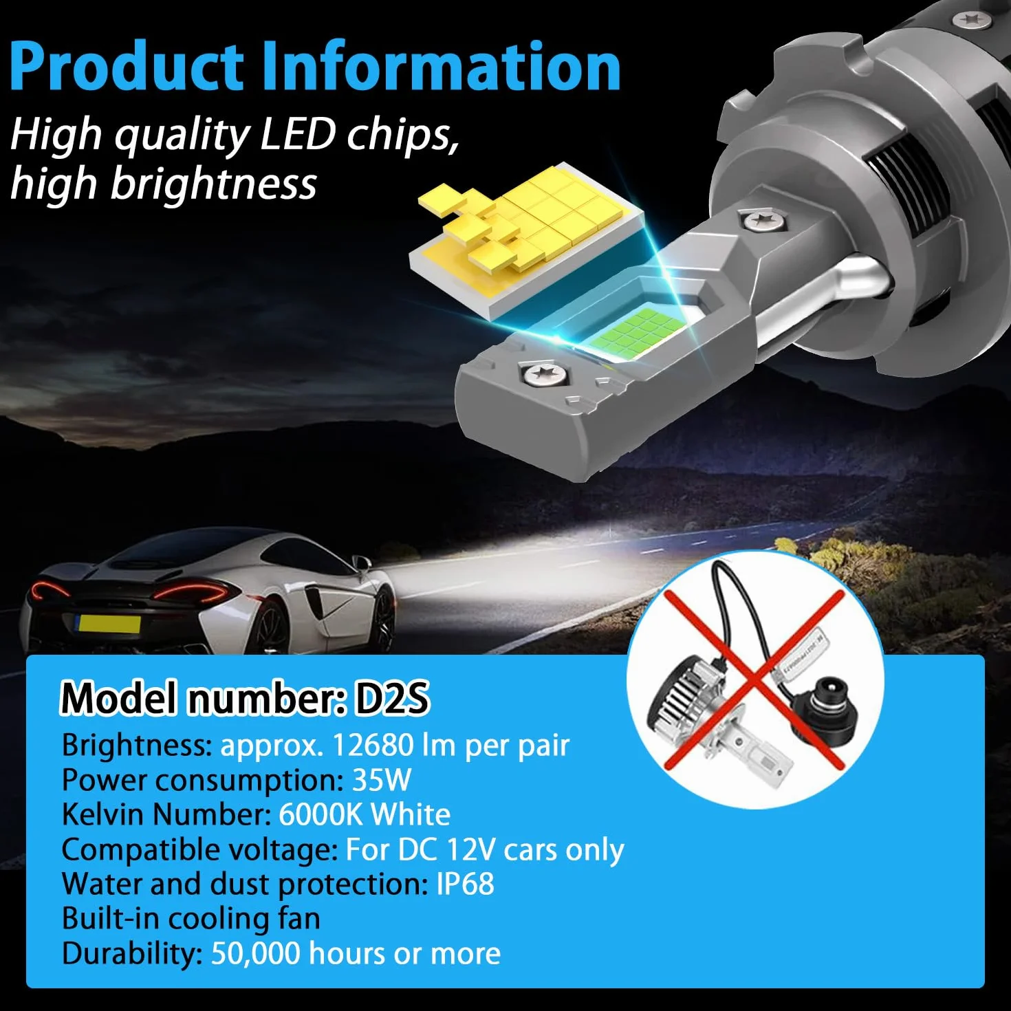 WinPower D2S LED Reflektory 35W 6340LM 6000K Zimna biel Zestaw 2 sztuki