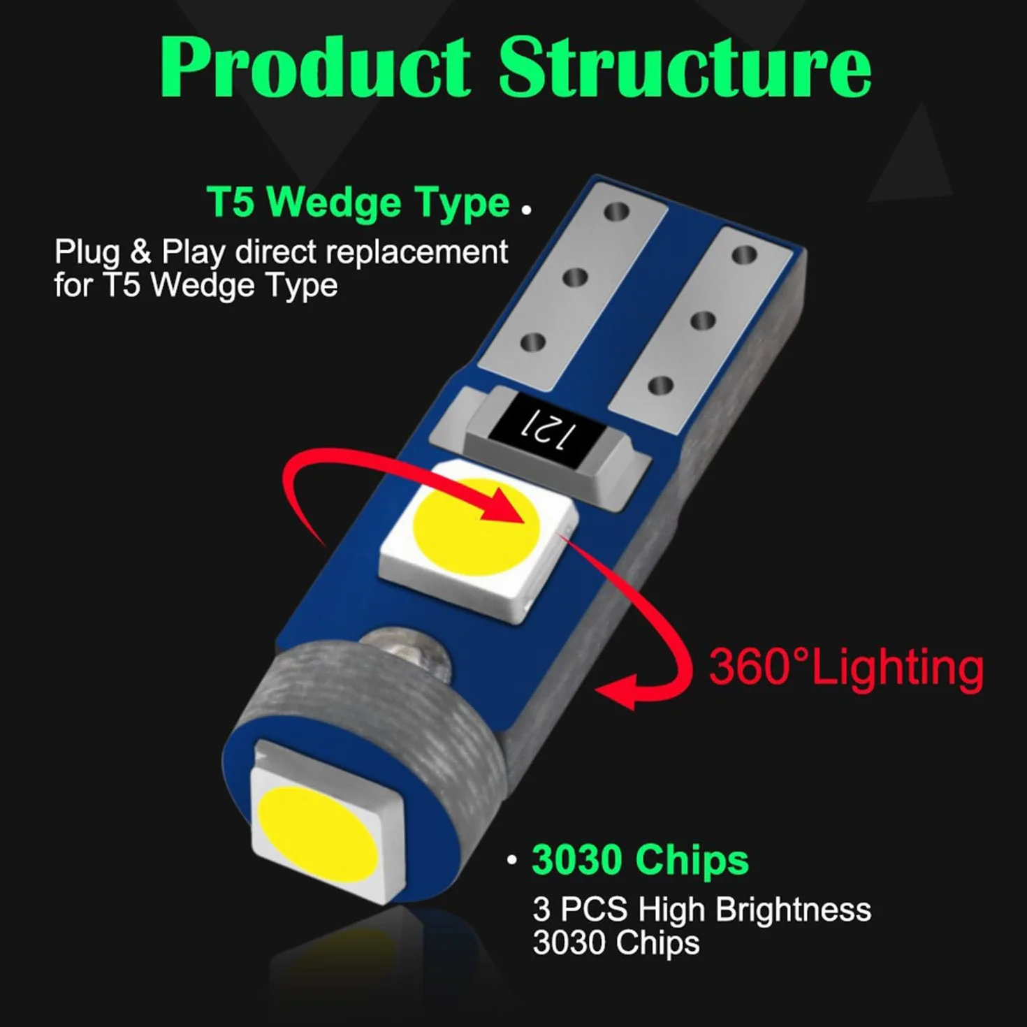 10 szt. T5 W3W 2721 27 37 286 PC74 żarówka LED 12 V 20 lm 0,5 W 3SMD 3030 chipy oświetlenie wnętrza samochodu, deska rozdzielcza, zamiennik lampy instrumentu samochodu, błękitna